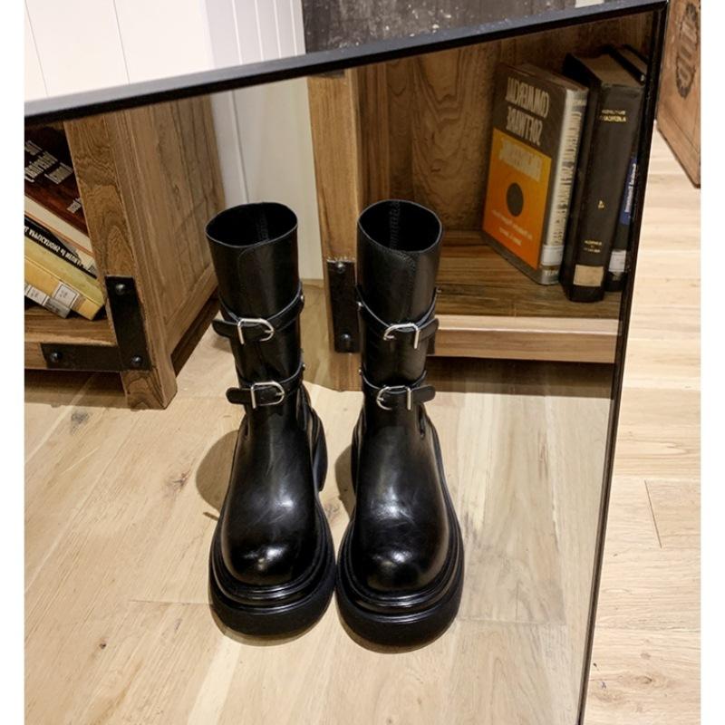 Su Yinyin's same supermodel boots~ 6cm thick heel thick sole medium tube belt buckle short boots knight boots retro women's boots autumn