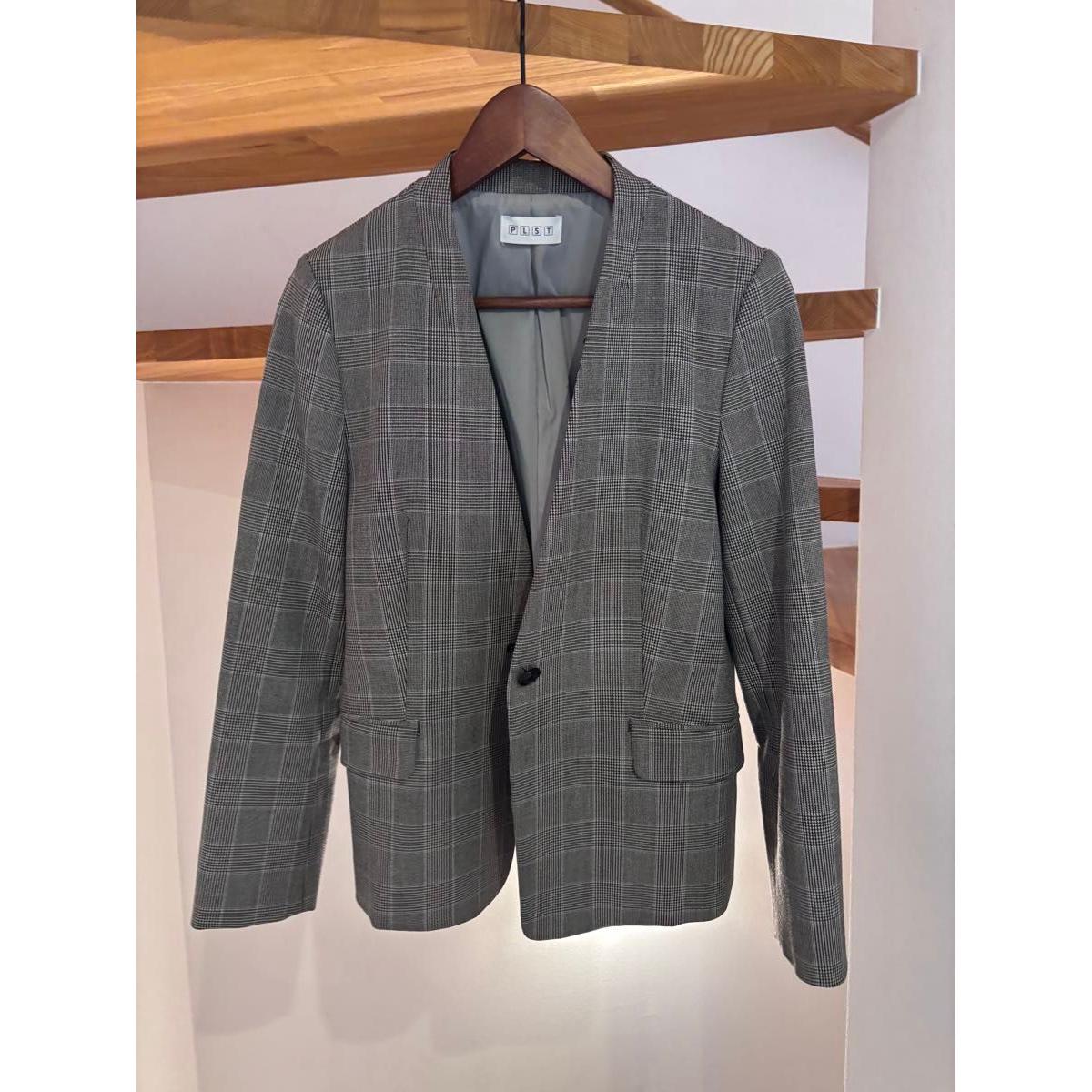 PLST Collarless Jacket Glen Check Gray S Size