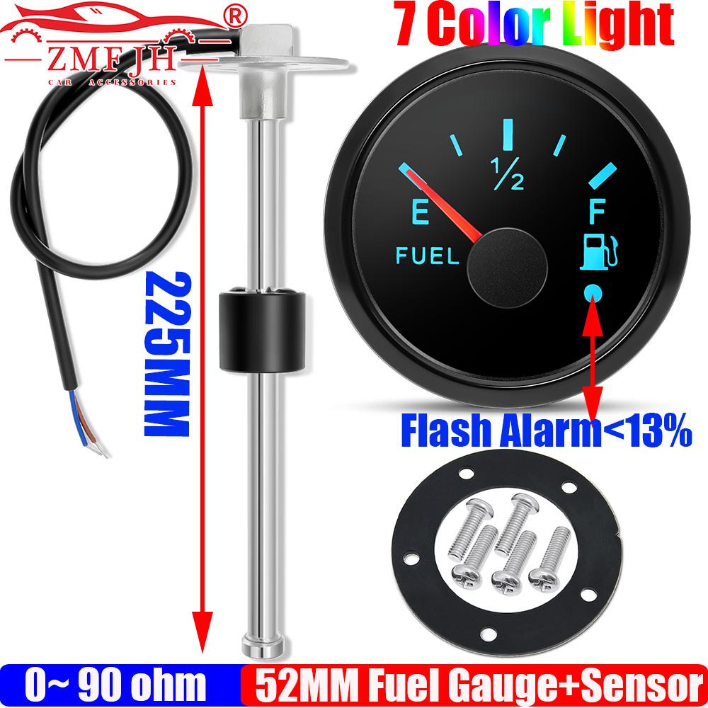 ZMFJH 0-90ohm 52MM Fuel Level Gauge with Warning 7 Color LED Fuel Level Sensor 100-550mm for Universal Auto Car Boat Yacht 12V24