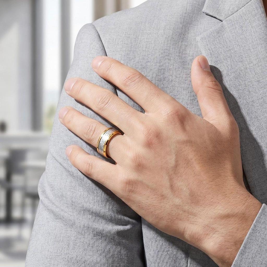Rime Textured Titanium Steel Couple Ring with Inlaid Design
