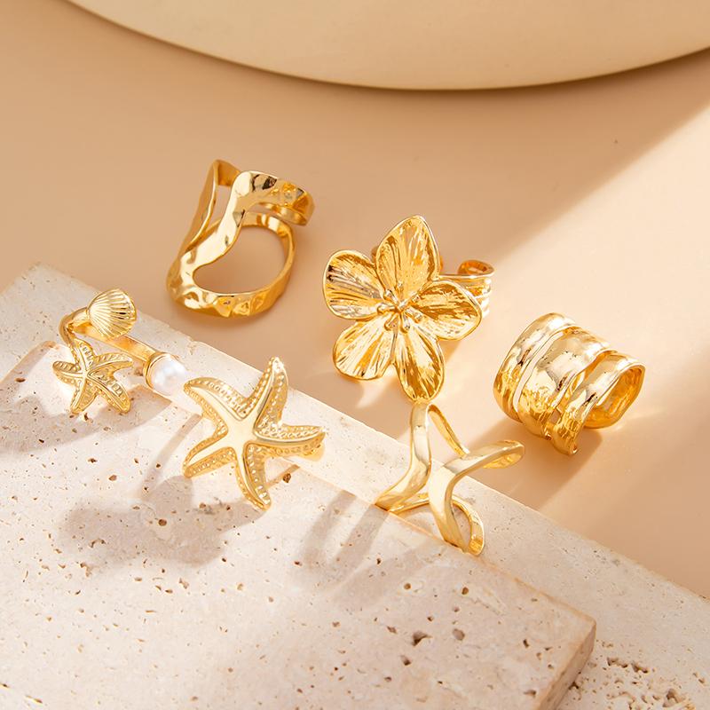 6Pcs Vintage Punk Flower Starfish Rings Set for Women Men Metal Multilayer Pearl Knuckle Ring Jewelry Daily Wear