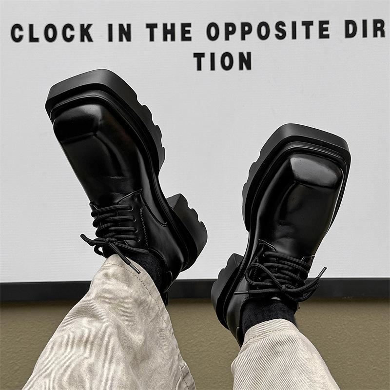 High Street Leather Niche New Square Toe Thick Sole Platform Hair Stylist Casual Height Increasing Derby Shoes