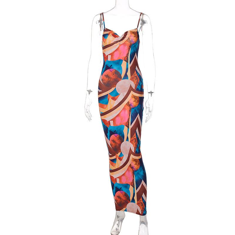 Vestito da donna primaverile senza maniche con stampa senza spalline, estivo, casual, sottile, alla caviglia, senza schienale, a vita alta, con spacco