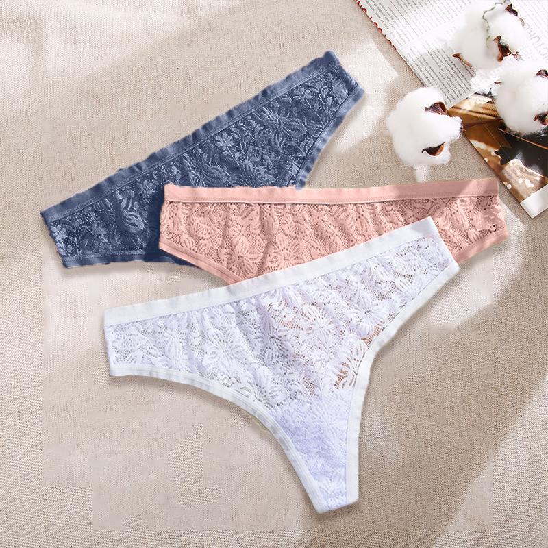 3Pcs/Set Women Sexy Lace Panties Lingerie Floral Sexy Low Waist Deep Color Thongs Ladies Underwear Fashion Soft Underpants S-XL