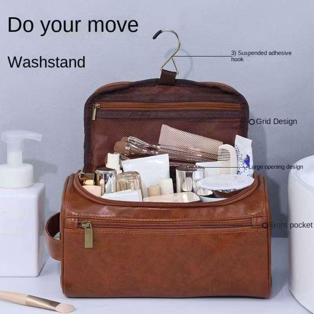 With Handle Men Toiletry Bag PU Leather Makeup Pouch Cosmetic Storage Bag  Bathroom