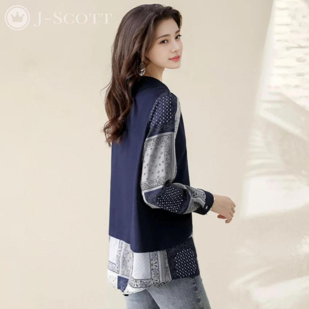 Layered Chiffon Blouse with Paisley Puff Long and Contrasting Navy Blue J-Scott Women's Print, Sleeves, Sleeves, Fabrics, (JS33-NV-2XL)