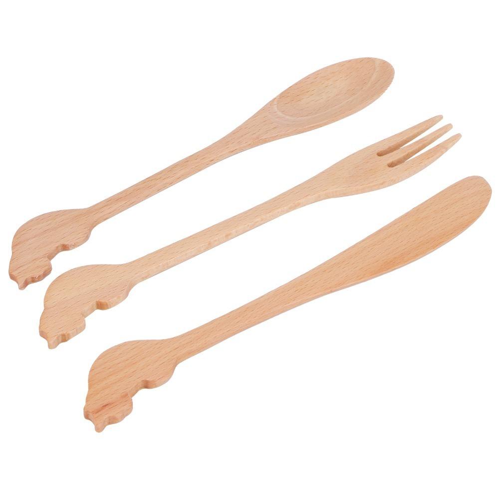 3Pcs Wood Grain Texture Tableware Set Solid Wood Dining Kit Utensil Pack  Table Decoration