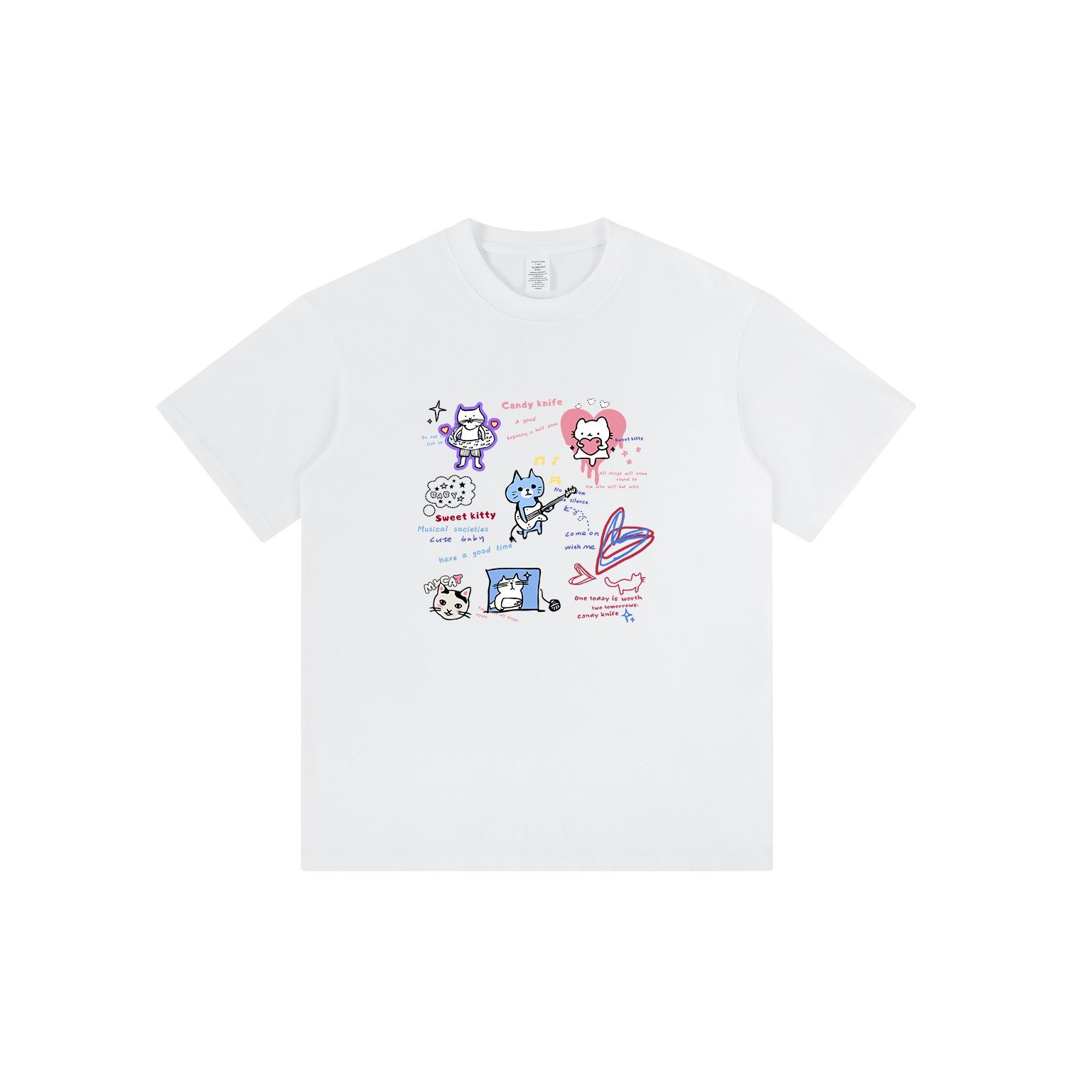 

Трендовая футболка унисекс с принтом кота: Свободный крой, короткий рукав, круглый вырез, летний уличный стиль 2XL белый