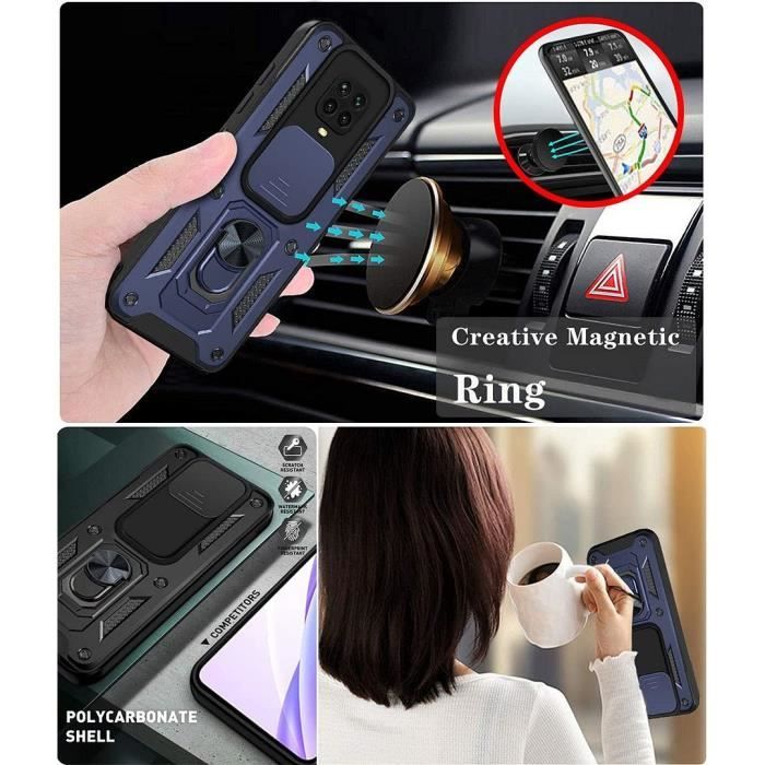 Coque de protection - E.F.CONNECTION - Pour Xiaomi Redmi Note 9 - Verre trempé - Bleu Marine - Support anneau