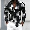 Men's Black and White Patchwork Block Fragment Printed Long Sleeved Shirt, Men's Slim Fit Trend Lapel, Business Casual Shirt