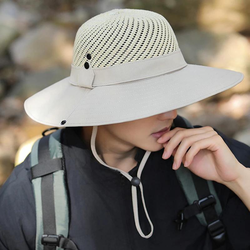 10cm Wide Brim Sun Hat for Men UPF 50+ Boonie Hat Summer UV Protection Outdoor Fishing Hiking Hat Breathable Mesh Bucket Cap