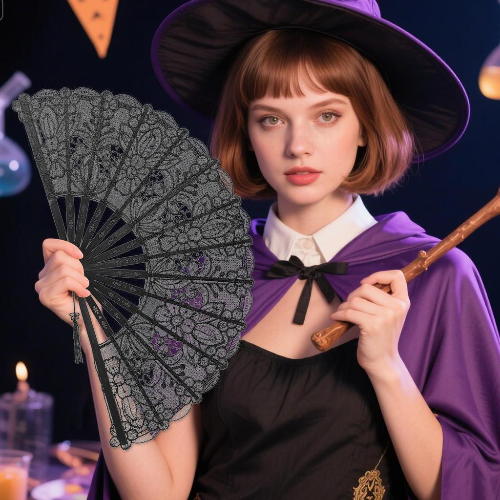 Ladies Lace Hand Fan Black Folding Fan Victorian Hand Fan for Wedding Party Favor Gift Dance Fan Ornament Halloween Party Supply