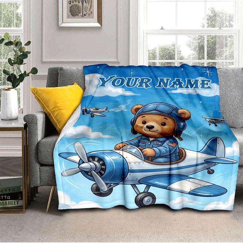 1PC Custom Name Bear pilot airplane. blanket versatile,all-season throw suitable for the living room,bedroom,camping,travel,and gift