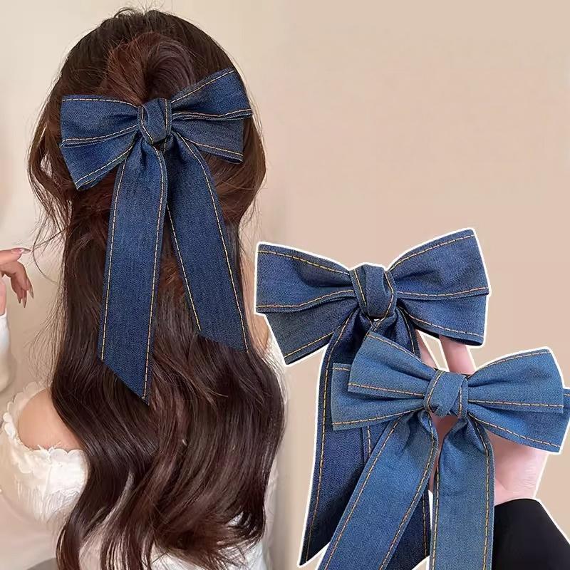 Denim Blue Ribbon Bowknot Hair Clips For Woman Girls Sweet Elegant Ponytail Hairpins Duckbill Clip Hair Accessories Gift