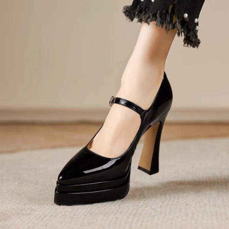 Super High Heel Block Heel Single Shoes Pointed Toe Shallow Mouth Platform Small Strap Pumps 34