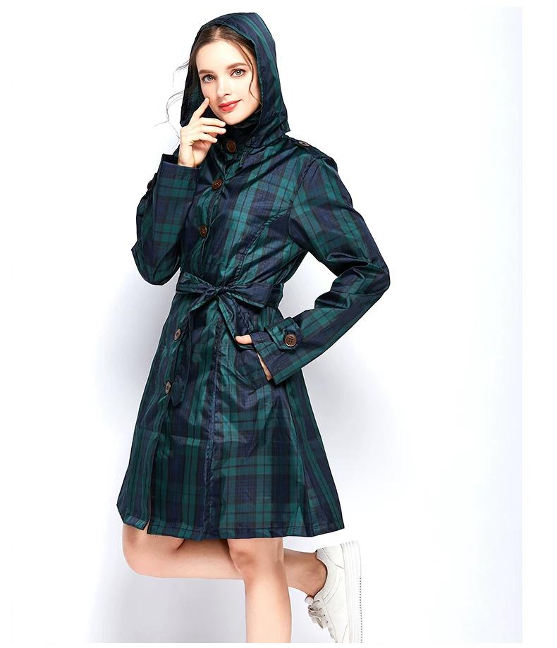 Mode Klassisch Groß karierter Regenmantel Dünn und tragbar Langer Gürtel Trenchcoat Winddichter Poncho Mittellang Lange Länge Wasserdichte Kleidung