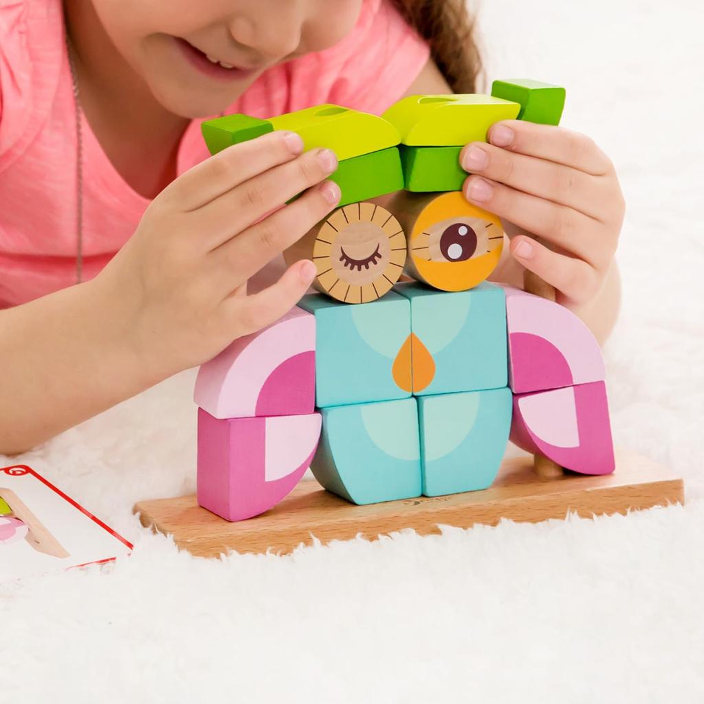 Classic Owl Block Set (CL3708), a Wooden Stacking Block Building Block Set with 3D Puzzles for Children Aged 1 Year and 18 Months.
