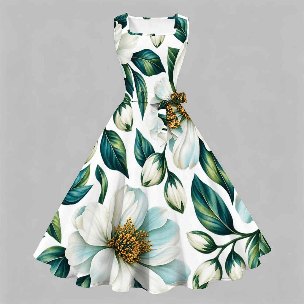 Women Plus Size Two Piece Set Floral Leaf Printed Square Neck Sleeveless Tie Waist Flared Dress With Short Sleeve Cropped Shrug