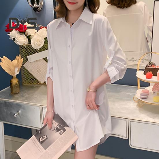 Dámská košile s klopou, dlouhým rukávem, střední délky, jednobarevná, knoflíková léga, ležérní střih, topy pro každodenní nošení