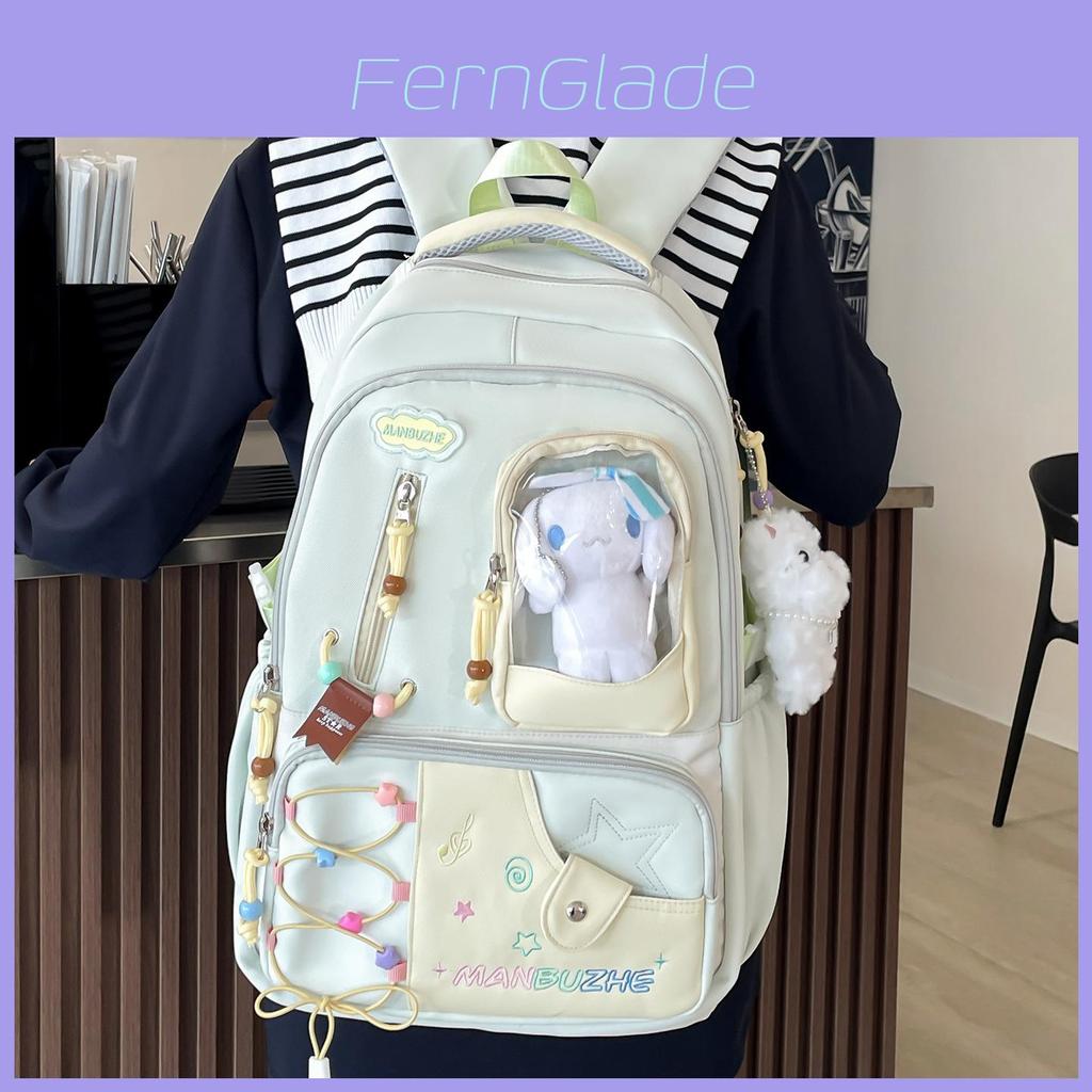 High Capacity Nylon Travel Backpack With Letter Pattern And Cute Bunny Head Charms For Teens And Adults