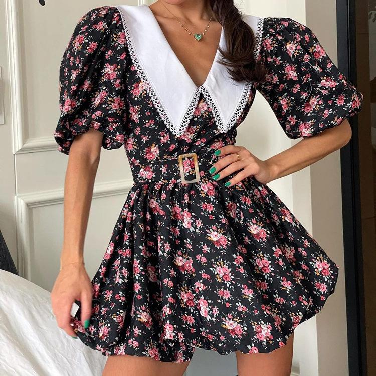 women's Ditsy Floral Print Contrast Collar Puff Sleeve High Waist A Line Mini Dress Elegant Party Dress