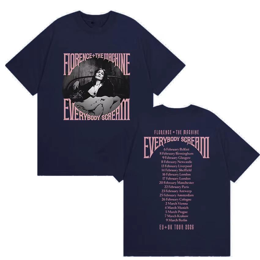 Rock Florence The Machine Everybody Scream Tour 2026 Graphic T Shirt Unisex Women Vintage Pure Cotton Short Sleeve Top Streetwear