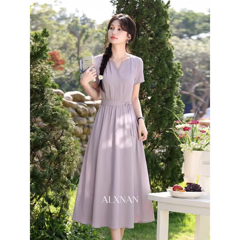 Women s Elegant Purple French Style Midi Dress S