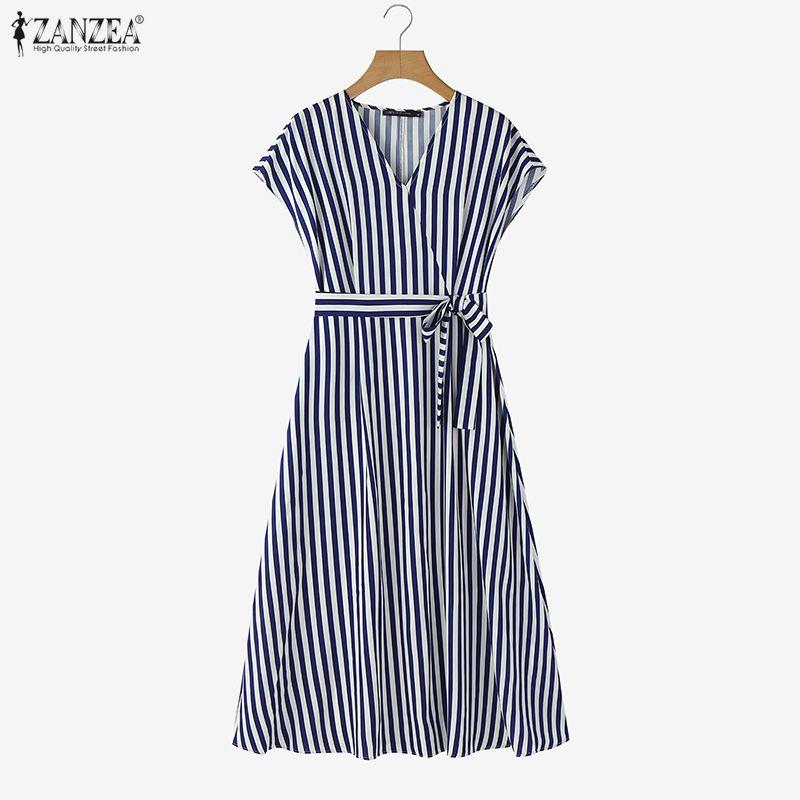 Casual Zanzea Short Vneck Women Sleeve Stripe Dress