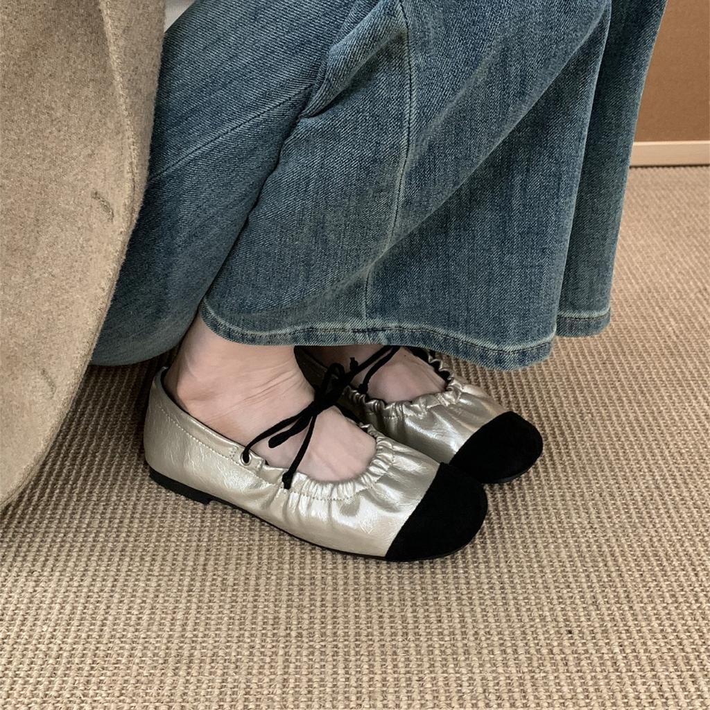 French retro pleated lace-up flat Mary Jane shoes shallow mouth single shoes women's evening wind round head one pedal ballet shoes