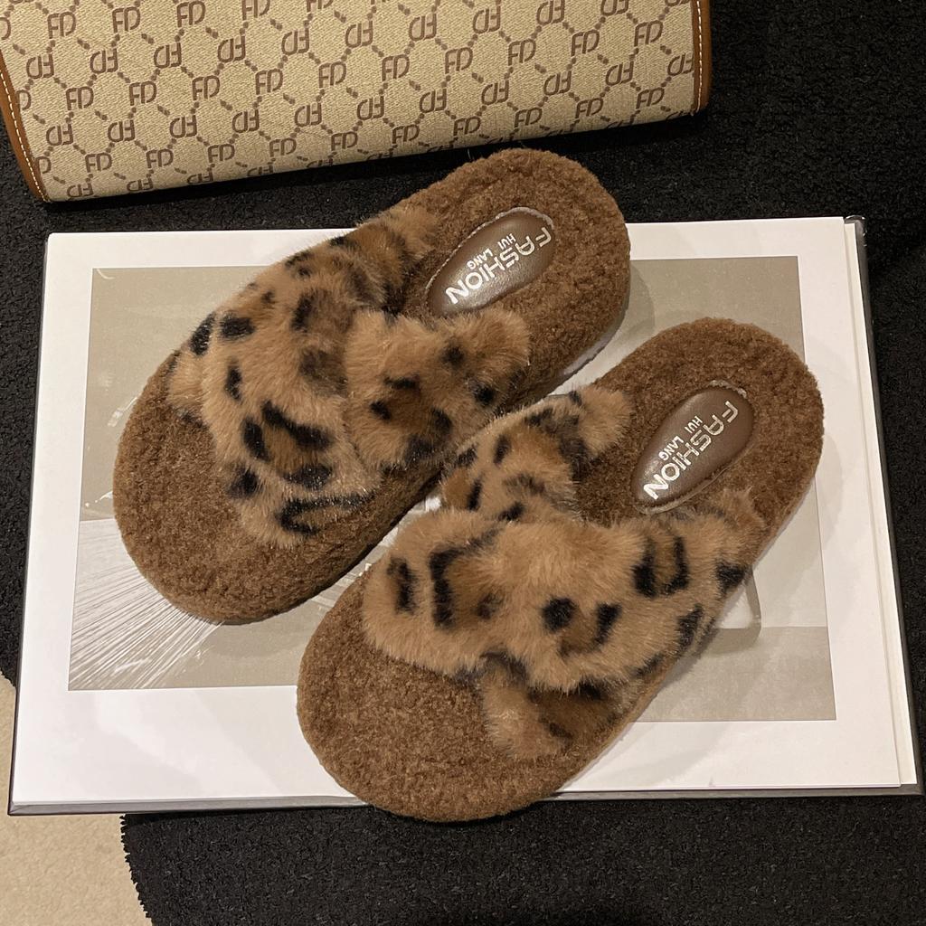 2026 Thick Soled Cross Hairy Slippers for Autumn and Winter Outerwear Casual Cotton Boots Hairy Shoes for Women