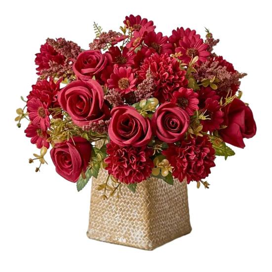 Artificial Rose Flower Bouquet Realistic Mixed Faux Rose Dahlia Chrysanthemum Ball Flower for Wedding Bridal Bouquets Table Centerpieces Baby Shower