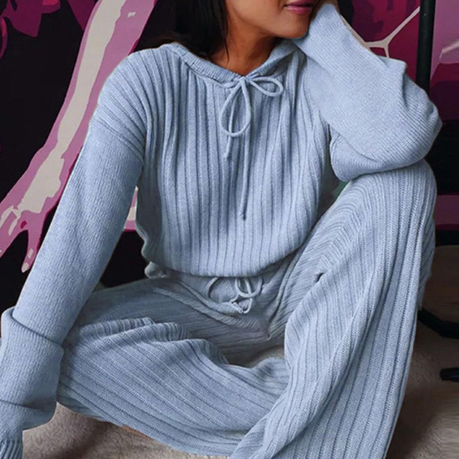 

Женский осенне-зимний модный повседневный домашний повседневный однотонный вязаный костюм с капюшоном, комплект из двух предметов XL