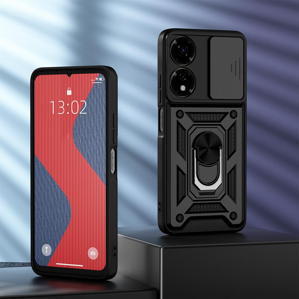 KEYSION Shockproof Armor Case for Itel P55 5G Silicone+PC Slide Camera Lens Protection Ring Stand Phone Cover for Itel P55 5G