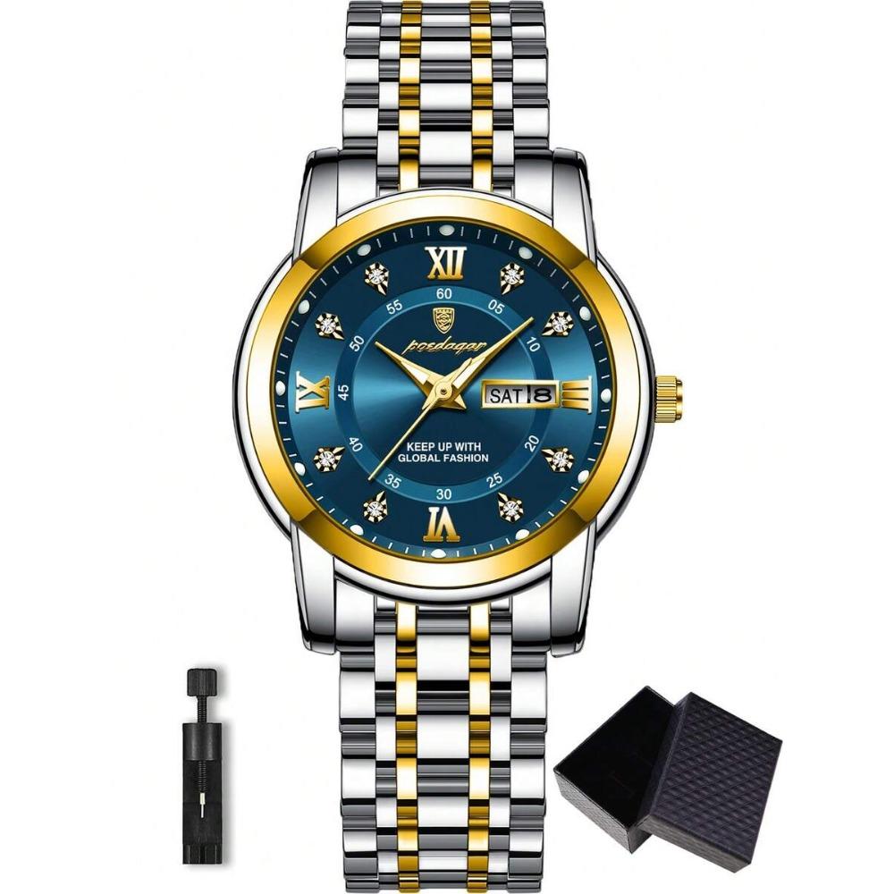 POEDAGAR Damen Edelstahl Dail Elegante Wasserdichte Leuchtende Quarz Datum Armbanduhren, Modische Damenuhr