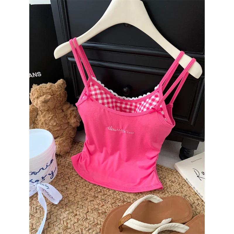 Damen Süßes Karomuster Patchwork Doppelträger Spitzenbesatz Crop Cami