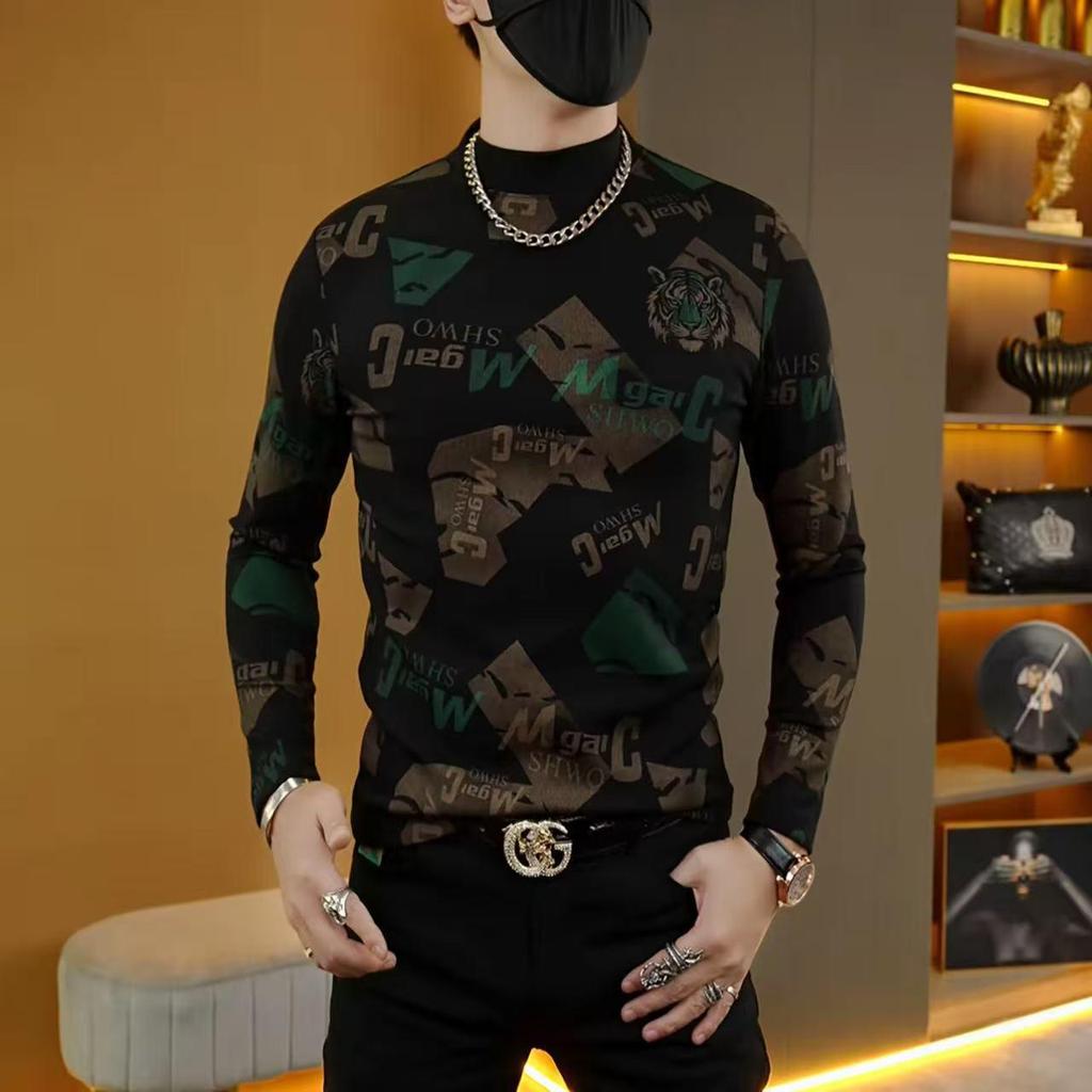 Trendig Herrhuvtröja med Rund Hals och Långa Ärmar - Koreansk Stil Höst/Vinter Baslager Skjorta för Medelålders Män