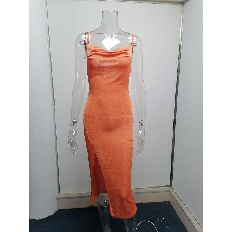 

2023 Сексуальное гладкое вязаное платье с разрезом на бретелях Платье-слинг с разрезом Orange XL
