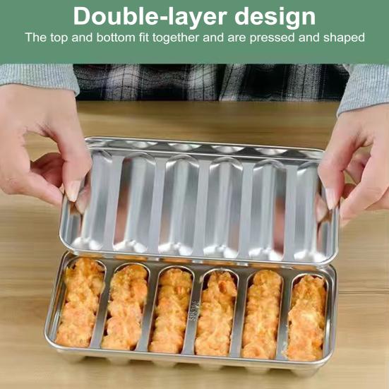 Rustfritt Stål Pølseform 6 Hulrom Hot Dog-form for Hjemmekoking Non-Stick Bakeverktøy for Barnemat Pølsemaker med Lokk
