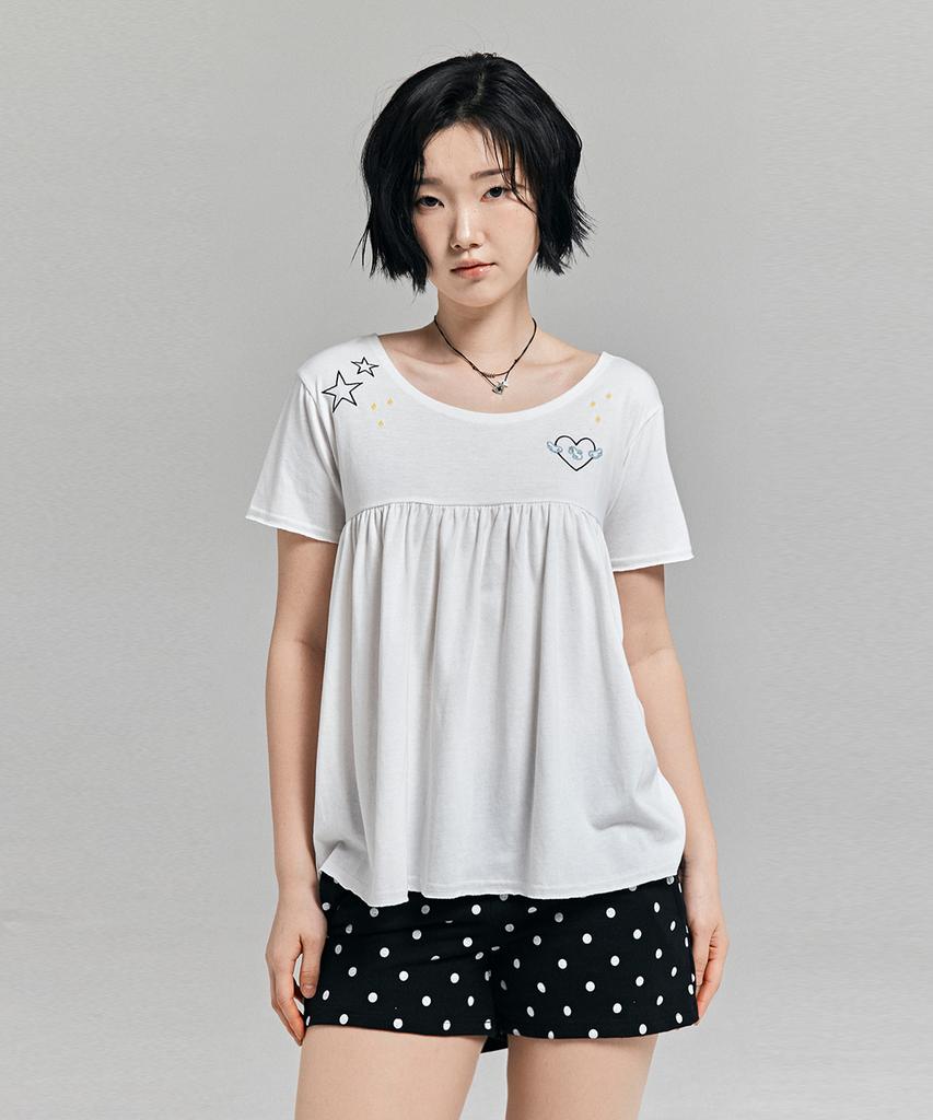 AWESOME STUDIO Kitsch Embroidered Shirred T-Shirt Ivory
