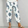 Women Plus Size Loose Printed Cropped Pants Navy Blue Cross Hem With Pockets