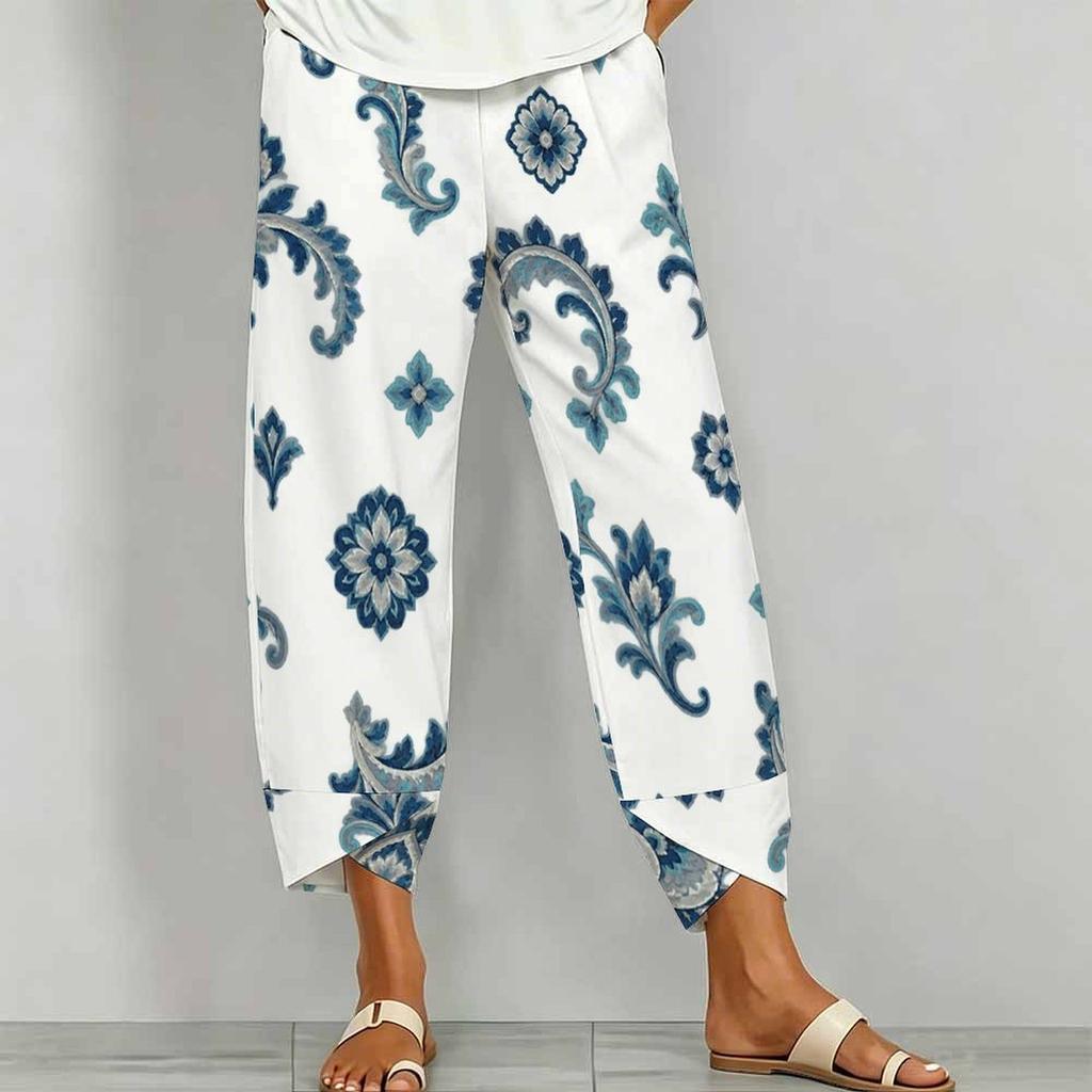 Women Plus Size Loose Printed Cropped Pants Navy Blue Cross Hem With Pockets