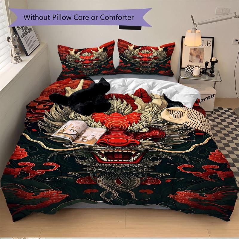 3PCs Traditional Dragon Design Design Cover Set, Breathable Fabric, Machine Washable (1 Duvet Cover + 2 Pillowcases) (Without Quilt) Yy250911165