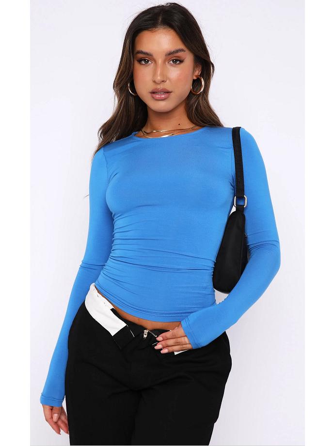 2023 Women's Autumn Slim Fit Irregular Long Sleeve T-Shirt - Solid Color, Round Neck