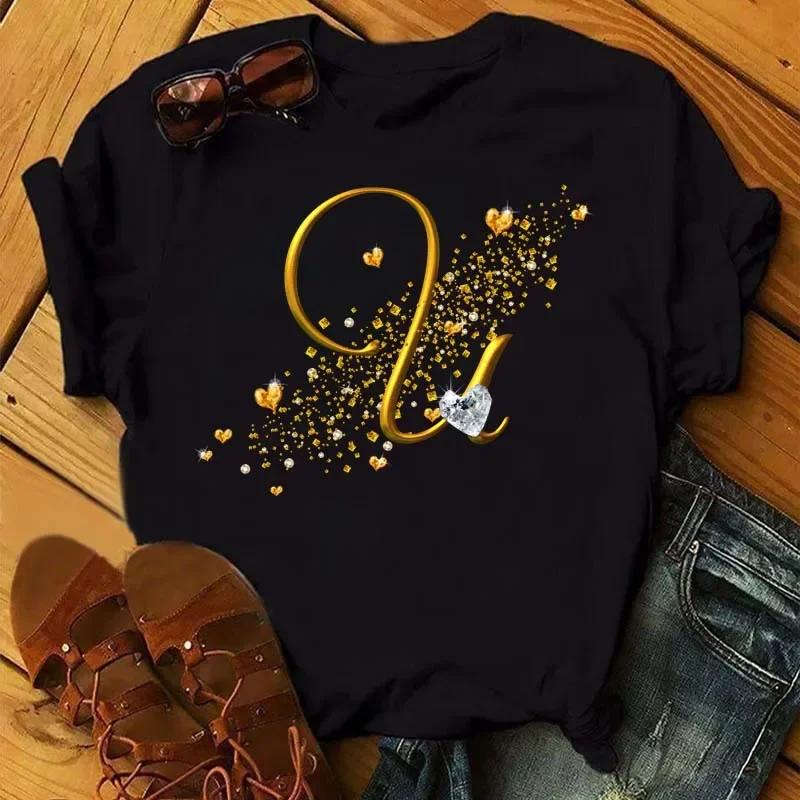 A letter combination Tshirt with a custom name suitable for short sleeved women's clothing with gold diamond letter font ABCDEF