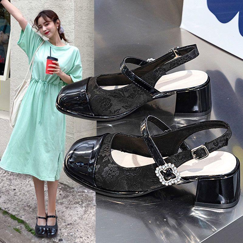 2025 summer new thick heel with Mary Jane single shoes women's shallow mouth with skirt national style empty bag head sandals