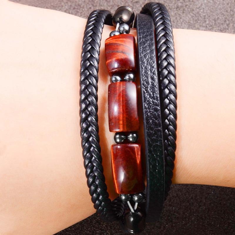 Tiger-eye Stone Bracelet - Multi-layered Woven Leather Rope, Fashionable, Unique, Versatile Leather Bracelet