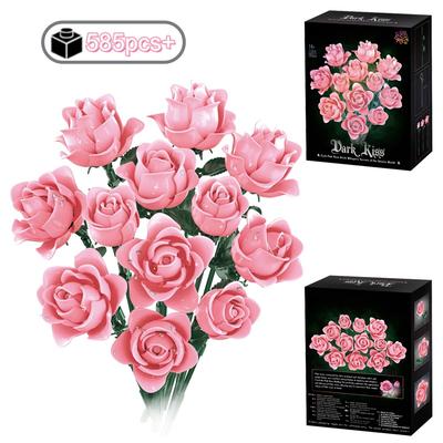 Non-Toxic 585Pcs Pink Rose Bouquet Building Blocks Set Creative Ornament Romantic Diy Tabletop Decoration Valentine Gift For Women