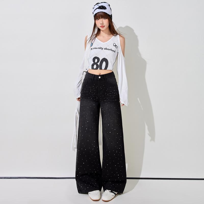 Spring new hot diamond blue-gray wide-leg jeans women's high-waisted straight drape floor pants blue-gray trousers
