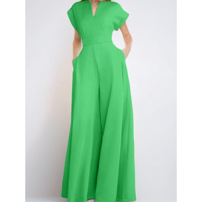 European and American Loose Fashion Short Sleeve V-neck Solid Wide Leg Jumpsuit V-Neck Wide Leg Jumpsuit
