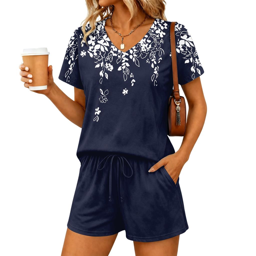 Women Two Piece Set V Neck Short Sleeve Top with Floral Print and Elastic Waist Drawstring Shorts Casual Lounge Wear